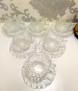 Indonesian Set Of 6 Clear Glass Duos (Cups And Saucers) With Grape And Grape Leaf Design