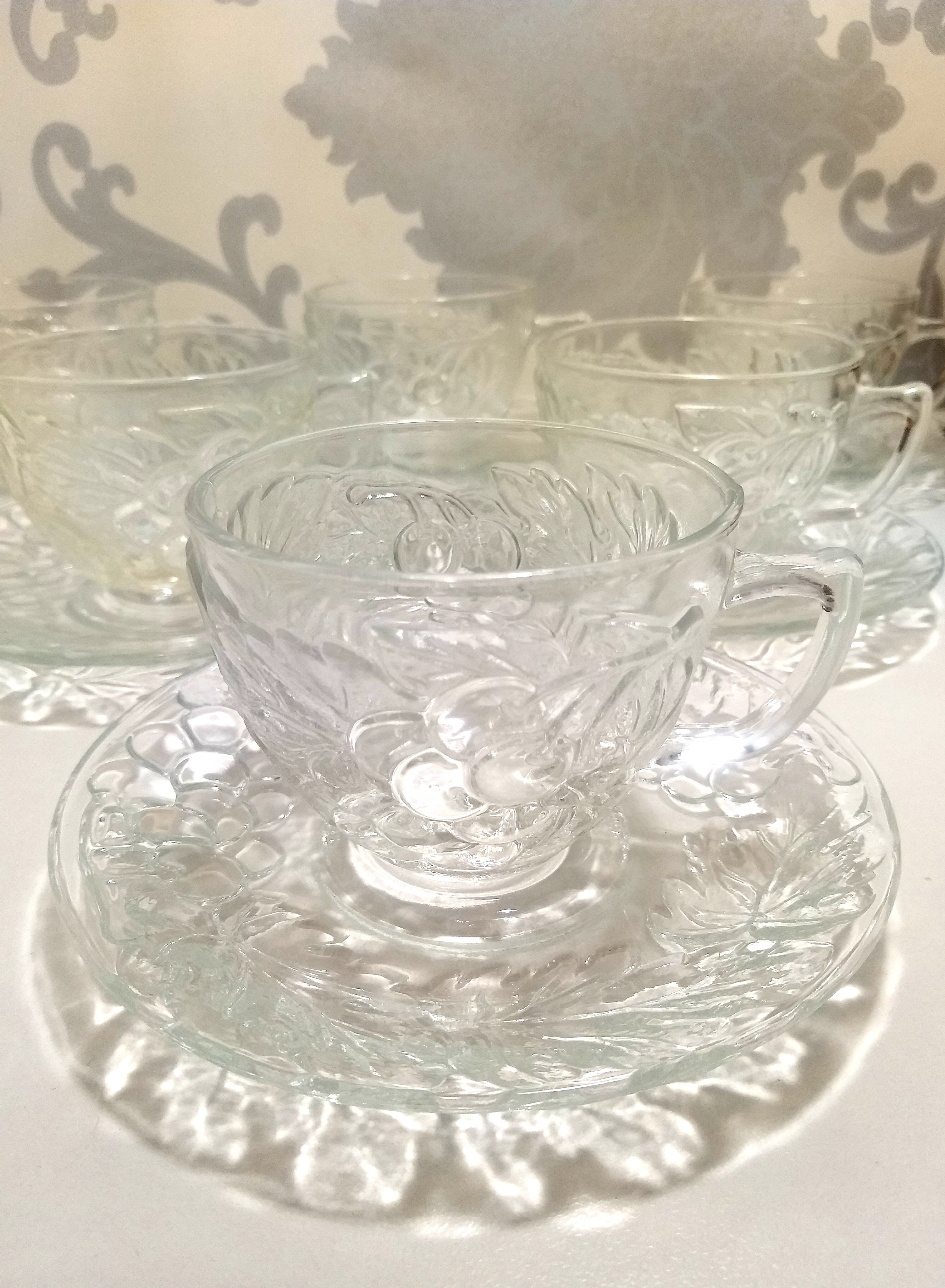 Indonesian Set Of 6 Clear Glass Duos (Cups And Saucers) With Grape And Grape Leaf Design