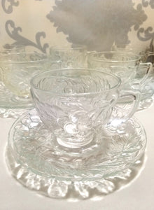 Indonesian Set Of 6 Clear Glass Duos (Cups And Saucers) With Grape And Grape Leaf Design