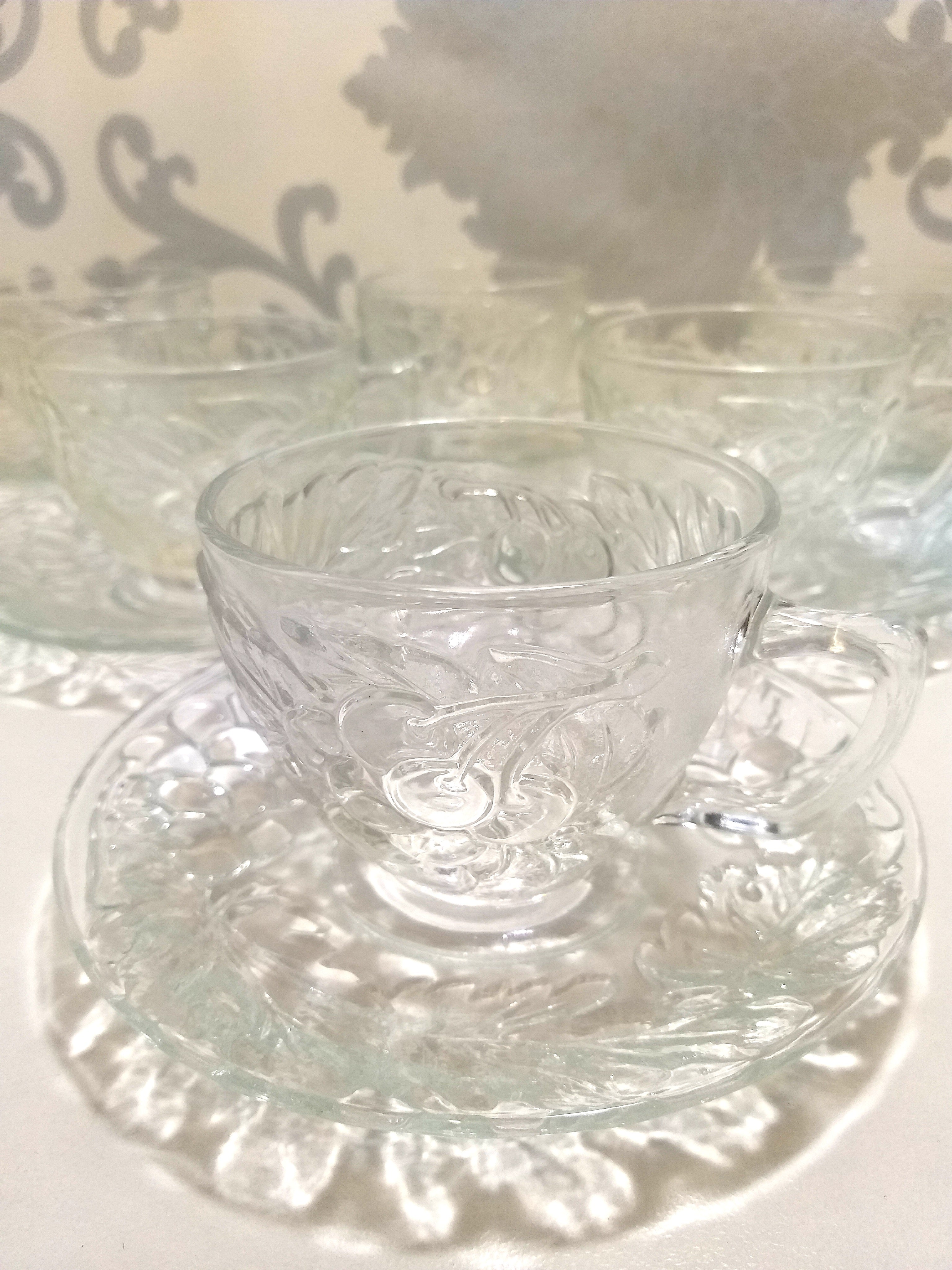 Indonesian Set Of 6 Clear Glass Duos (Cups And Saucers) With Grape And Grape Leaf Design
