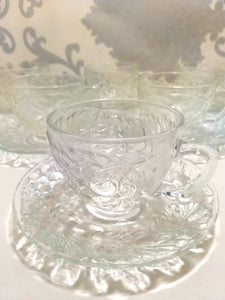 Indonesian Set Of 6 Clear Glass Duos (Cups And Saucers) With Grape And Grape Leaf Design