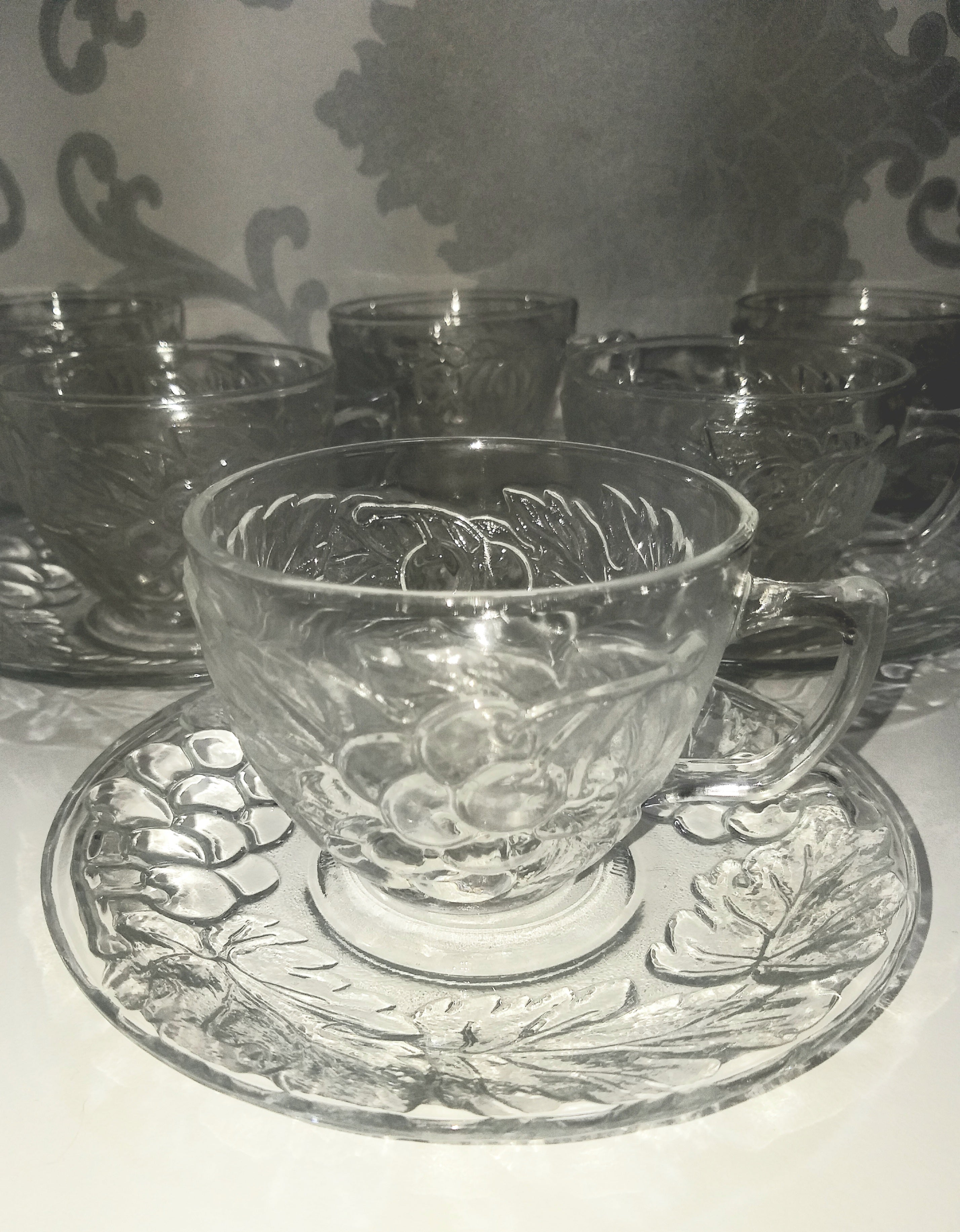 Indonesian Set Of 6 Clear Glass Duos (Cups And Saucers) With Grape And Grape Leaf Design