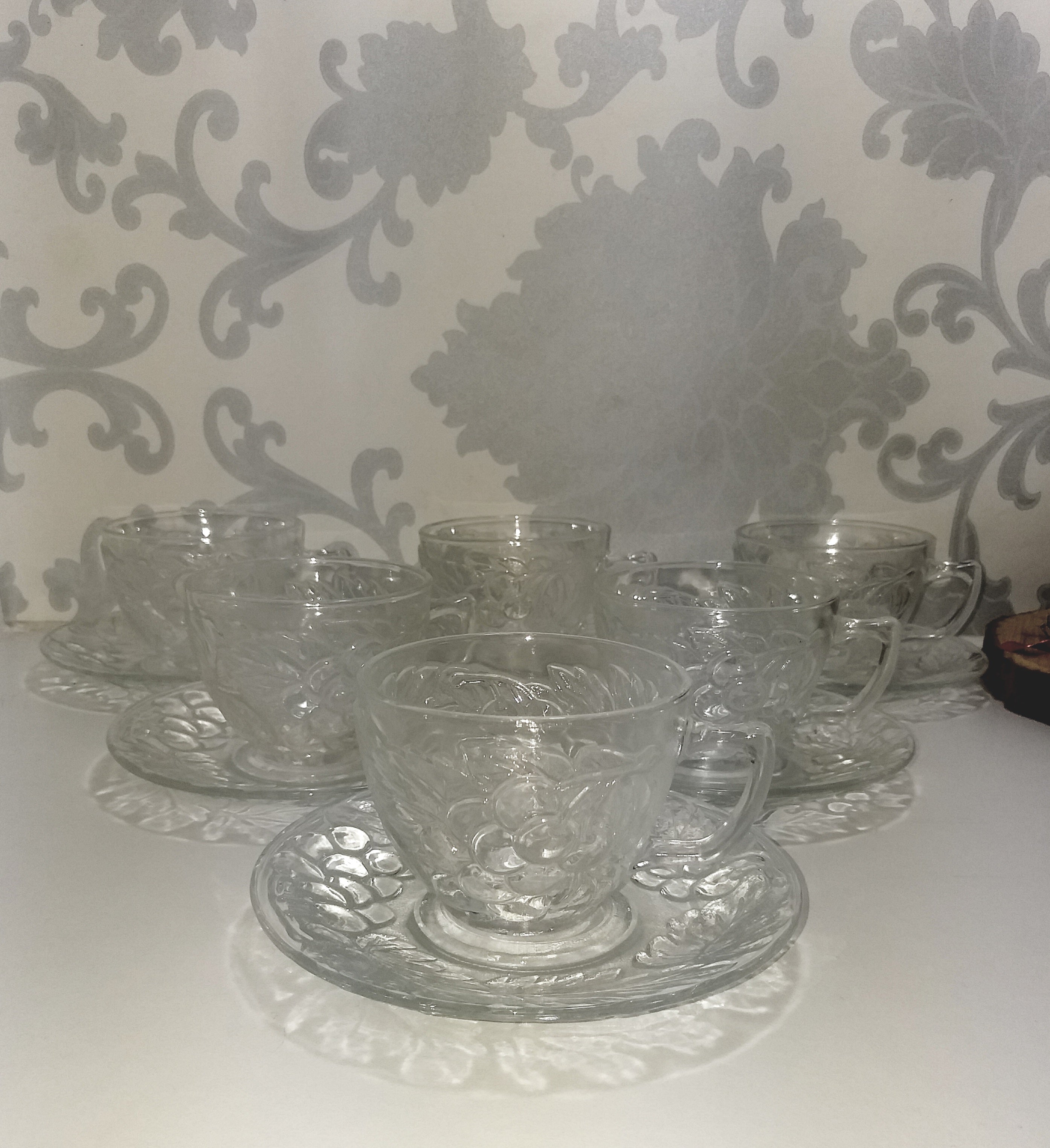 Indonesian Set Of 6 Clear Glass Duos (Cups And Saucers) With Grape And Grape Leaf Design