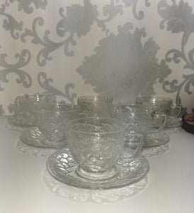 Indonesian Set Of 6 Clear Glass Duos (Cups And Saucers) With Grape And Grape Leaf Design