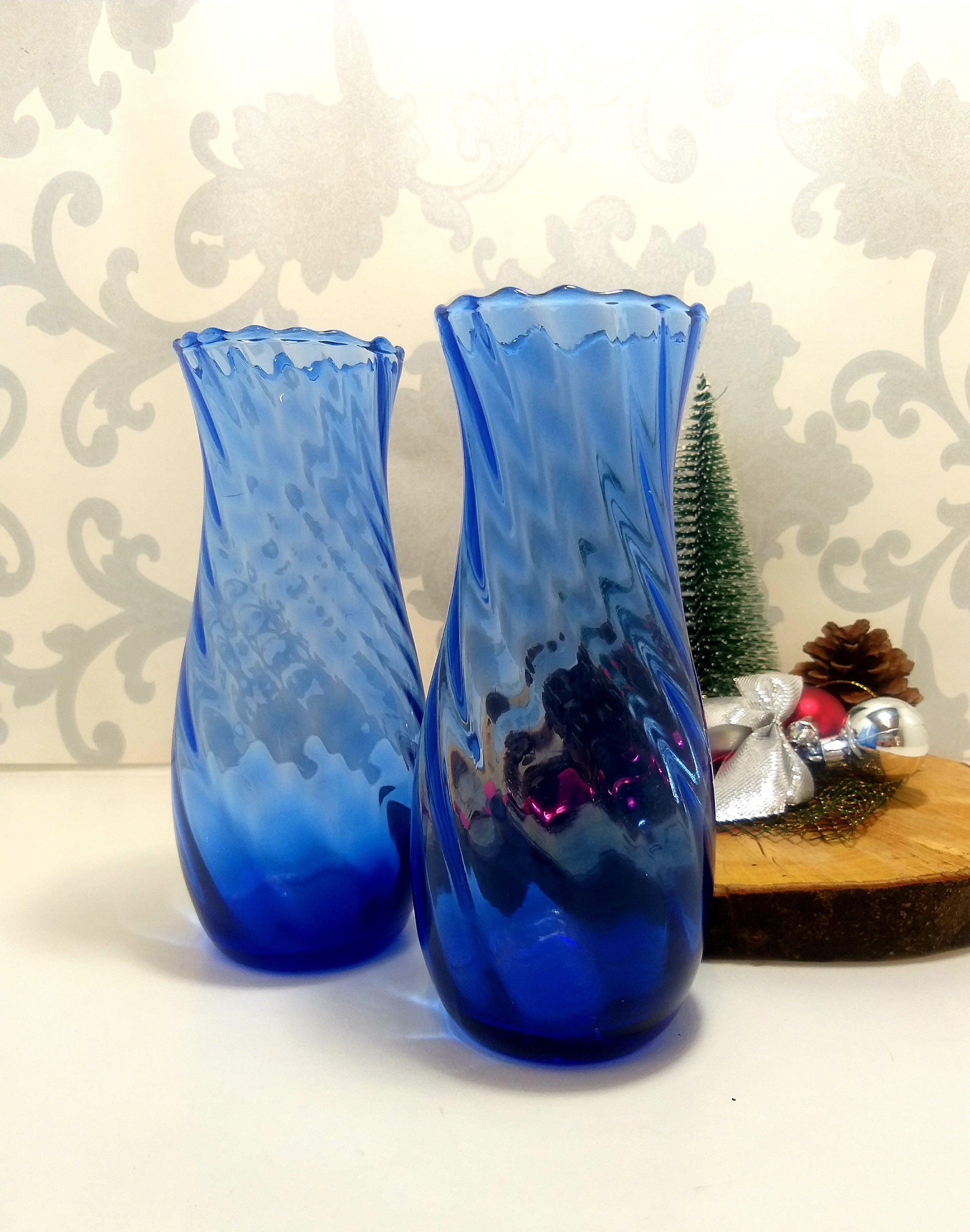 Identical Pair Of Blue Swirl Glass Vases With Fluted Scalloped Rims