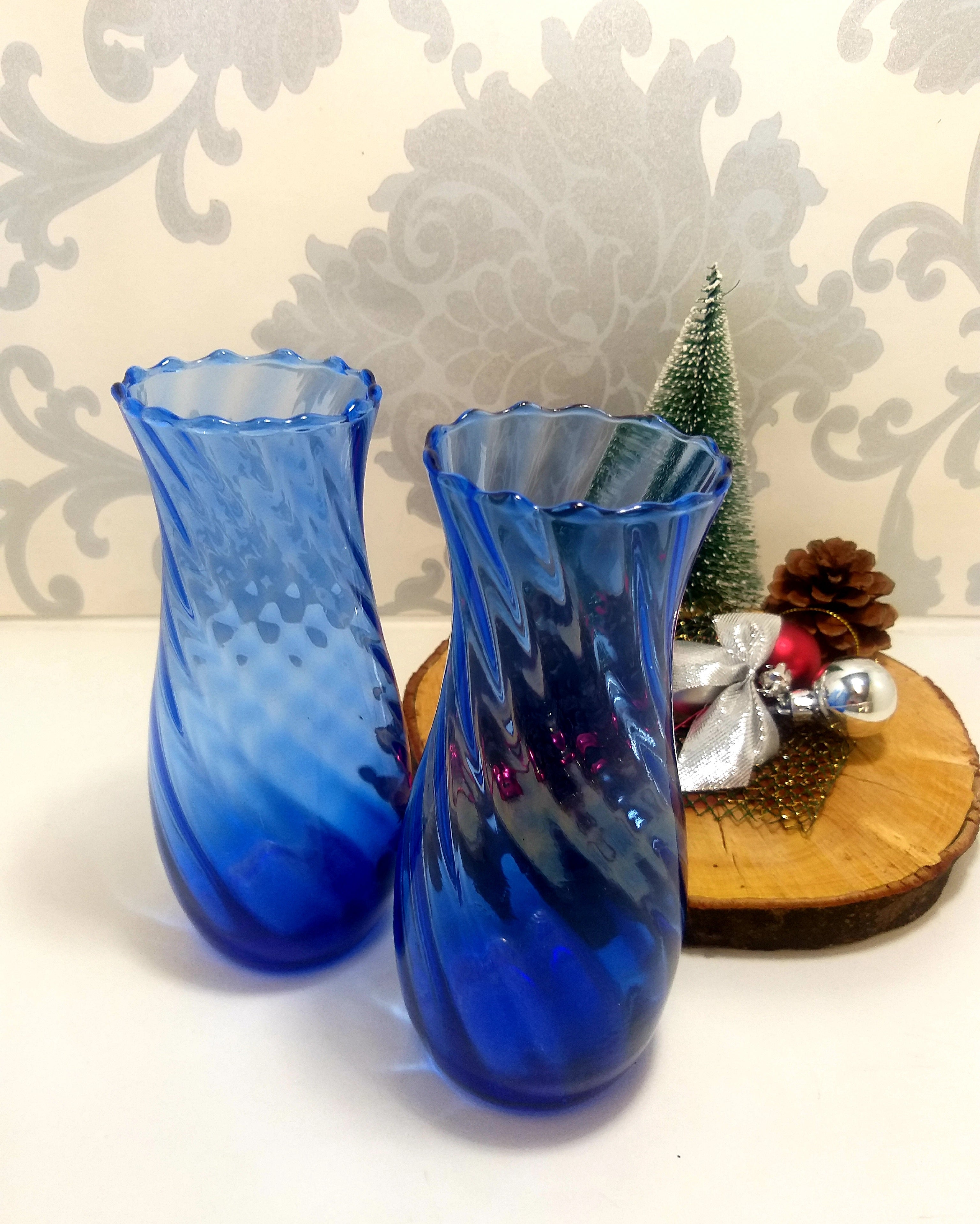 Identical Pair Of Blue Swirl Glass Vases With Fluted Scalloped Rims