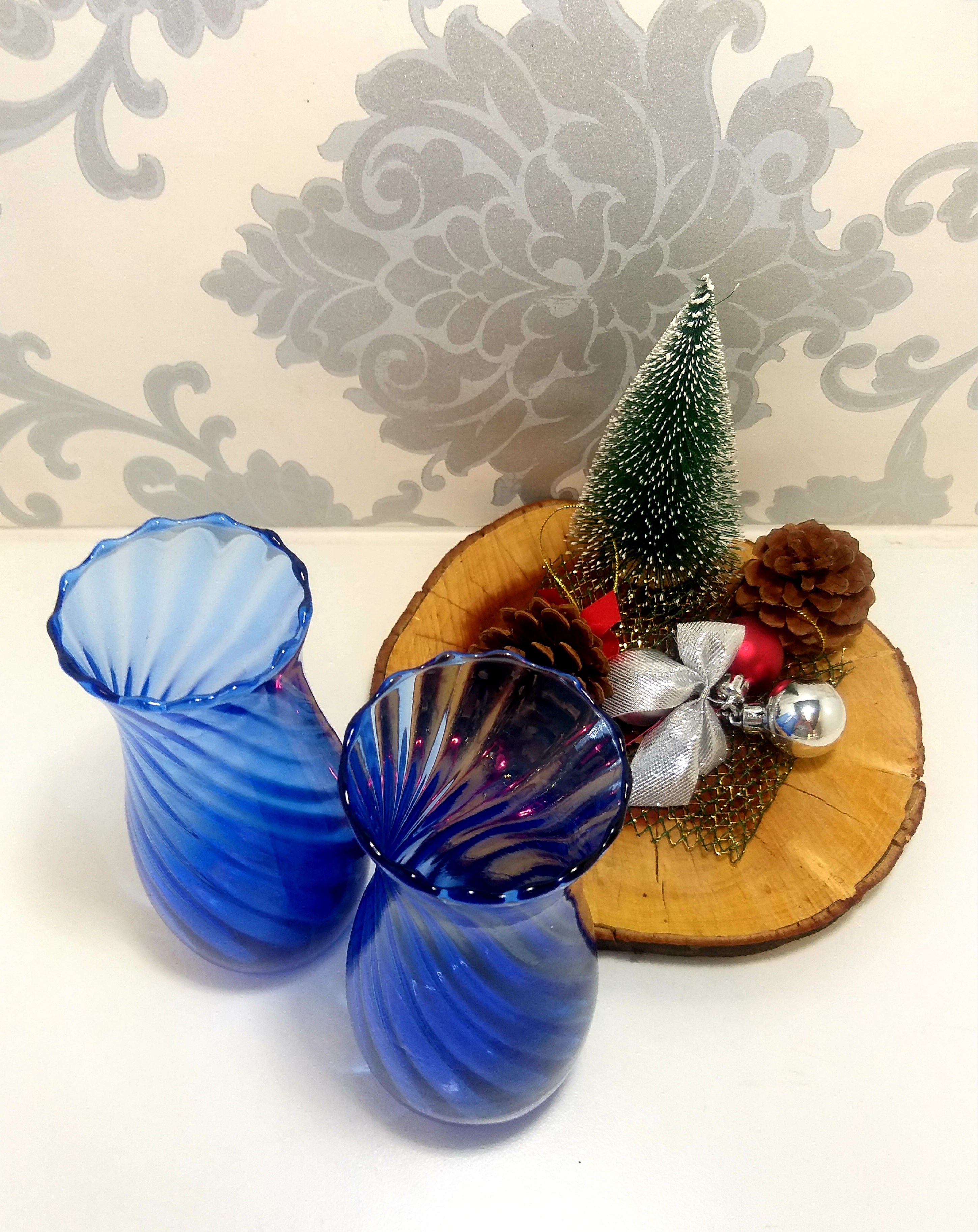 Identical Pair Of Blue Swirl Glass Vases With Fluted Scalloped Rims