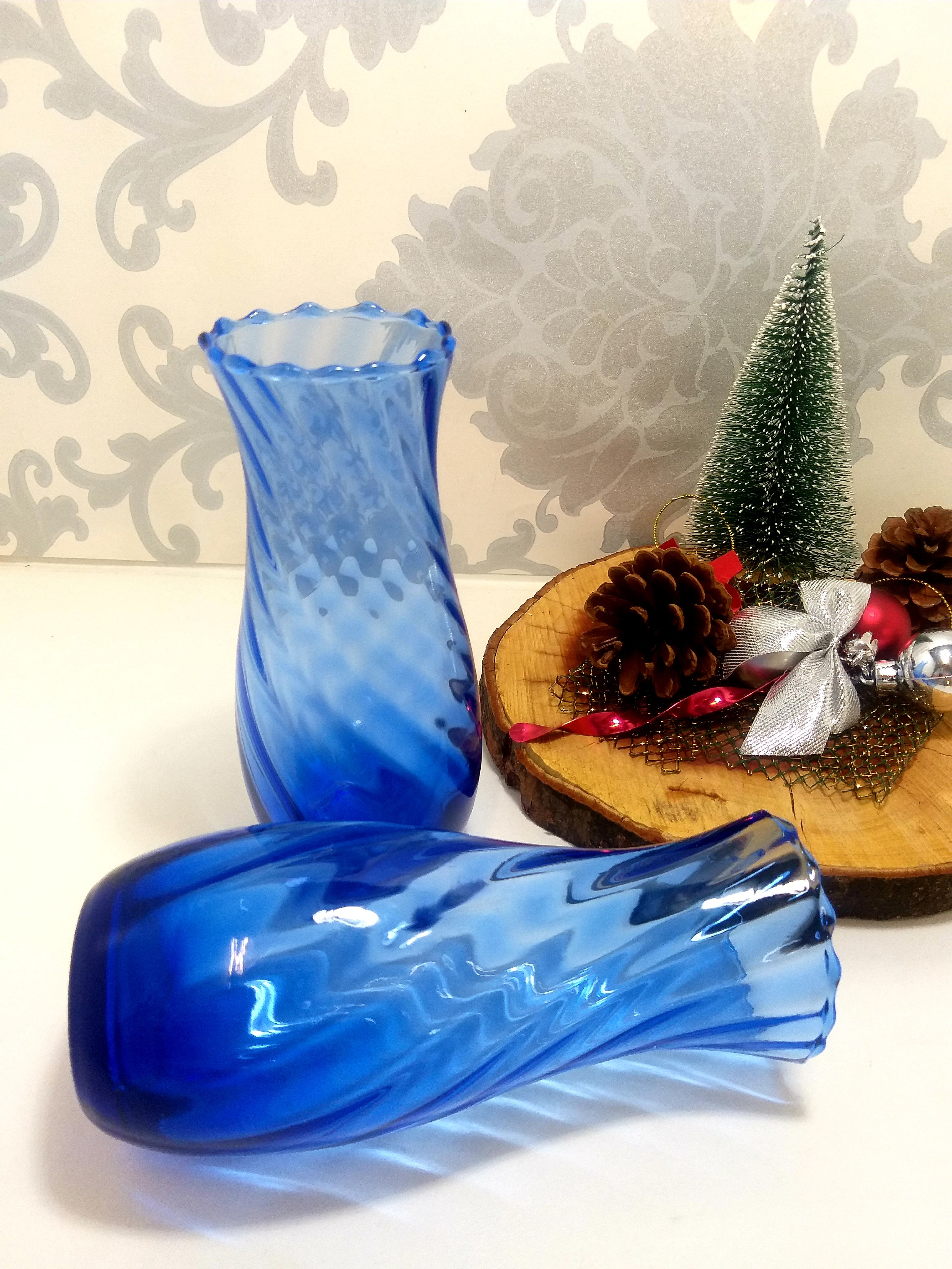 Identical Pair Of Blue Swirl Glass Vases With Fluted Scalloped Rims