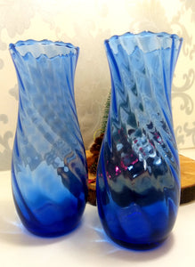 Identical Pair Of Blue Swirl Glass Vases With Fluted Scalloped Rims