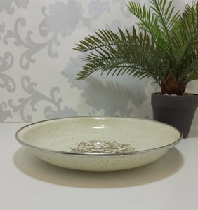Vintage Wheat Coloured Enamel Pie Dish With Brown Flower Bouquet & Speckles