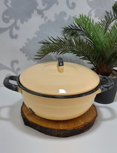Vintage Yellow Enamel Lidded Casserole With Thick Black Rim