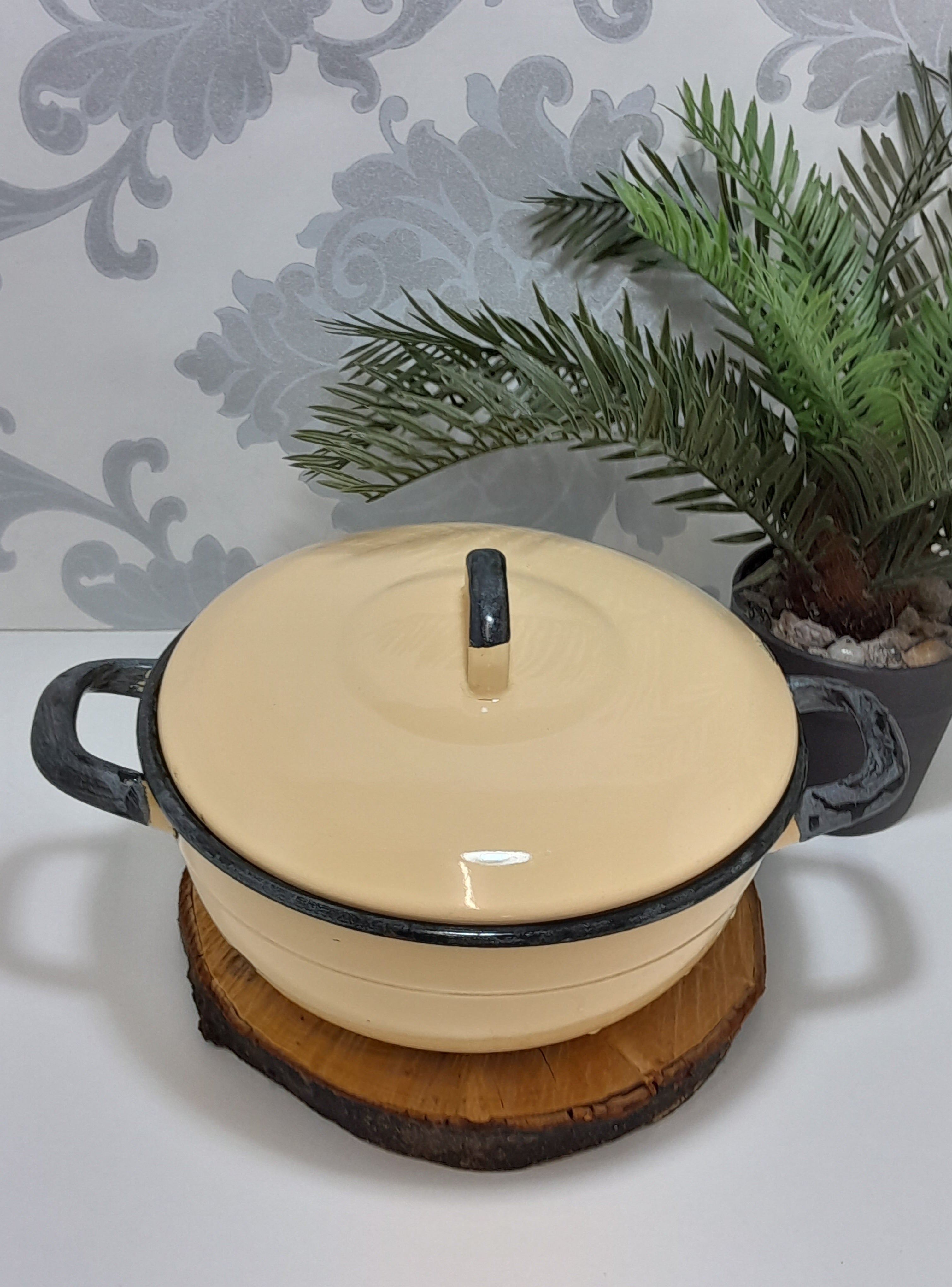 Vintage Yellow Enamel Lidded Casserole With Thick Black Rim