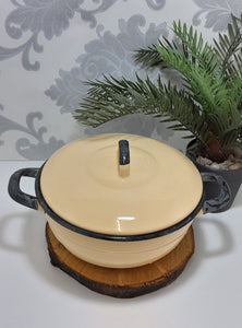 Vintage Yellow Enamel Lidded Casserole With Thick Black Rim