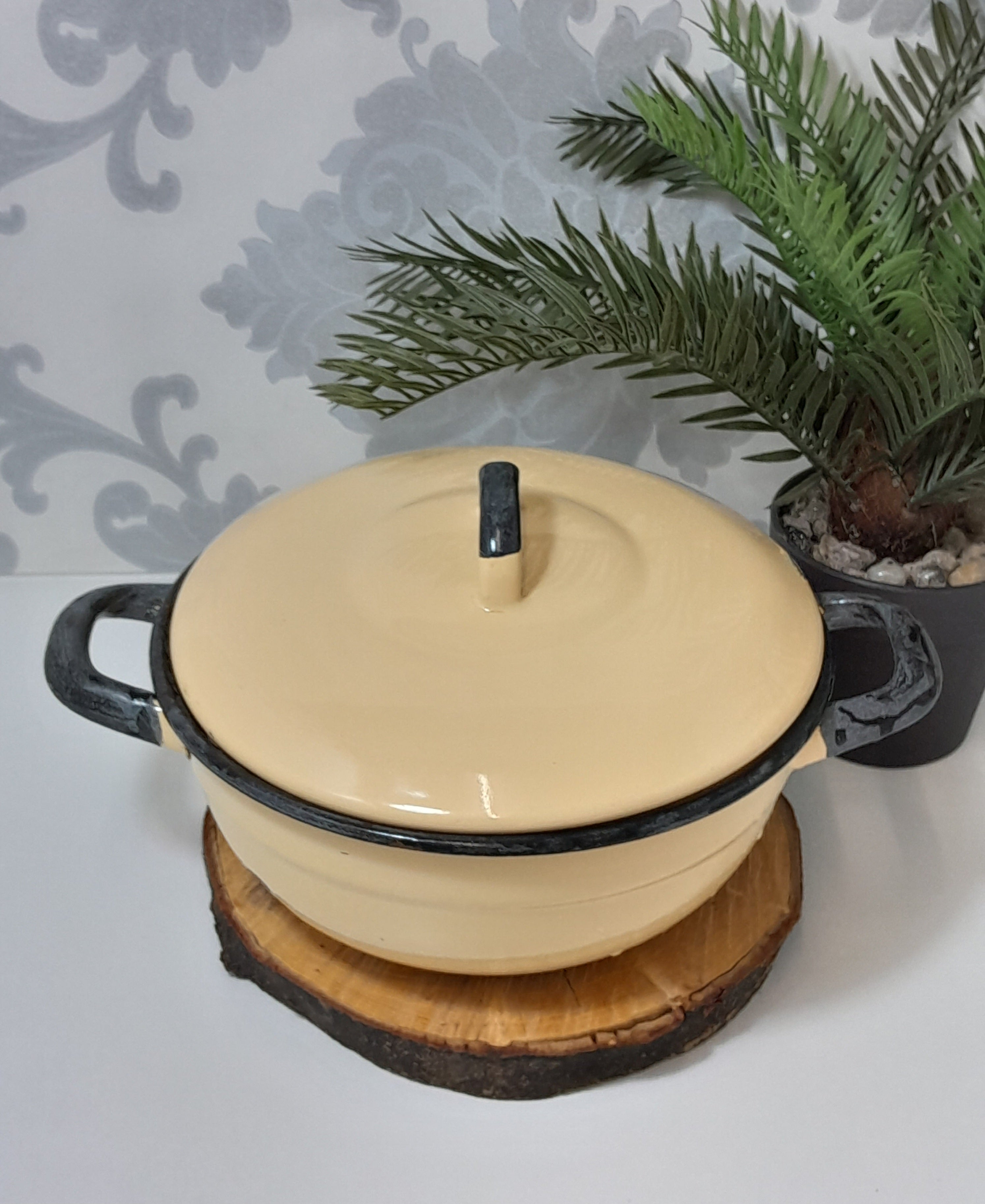 Vintage Yellow Enamel Lidded Casserole With Thick Black Rim
