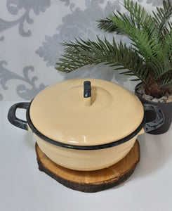 Vintage Yellow Enamel Lidded Casserole With Thick Black Rim