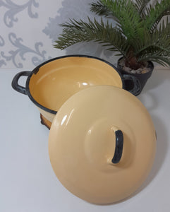 Vintage Yellow Enamel Lidded Casserole With Thick Black Rim