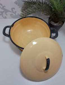 Vintage Yellow Enamel Lidded Casserole With Thick Black Rim