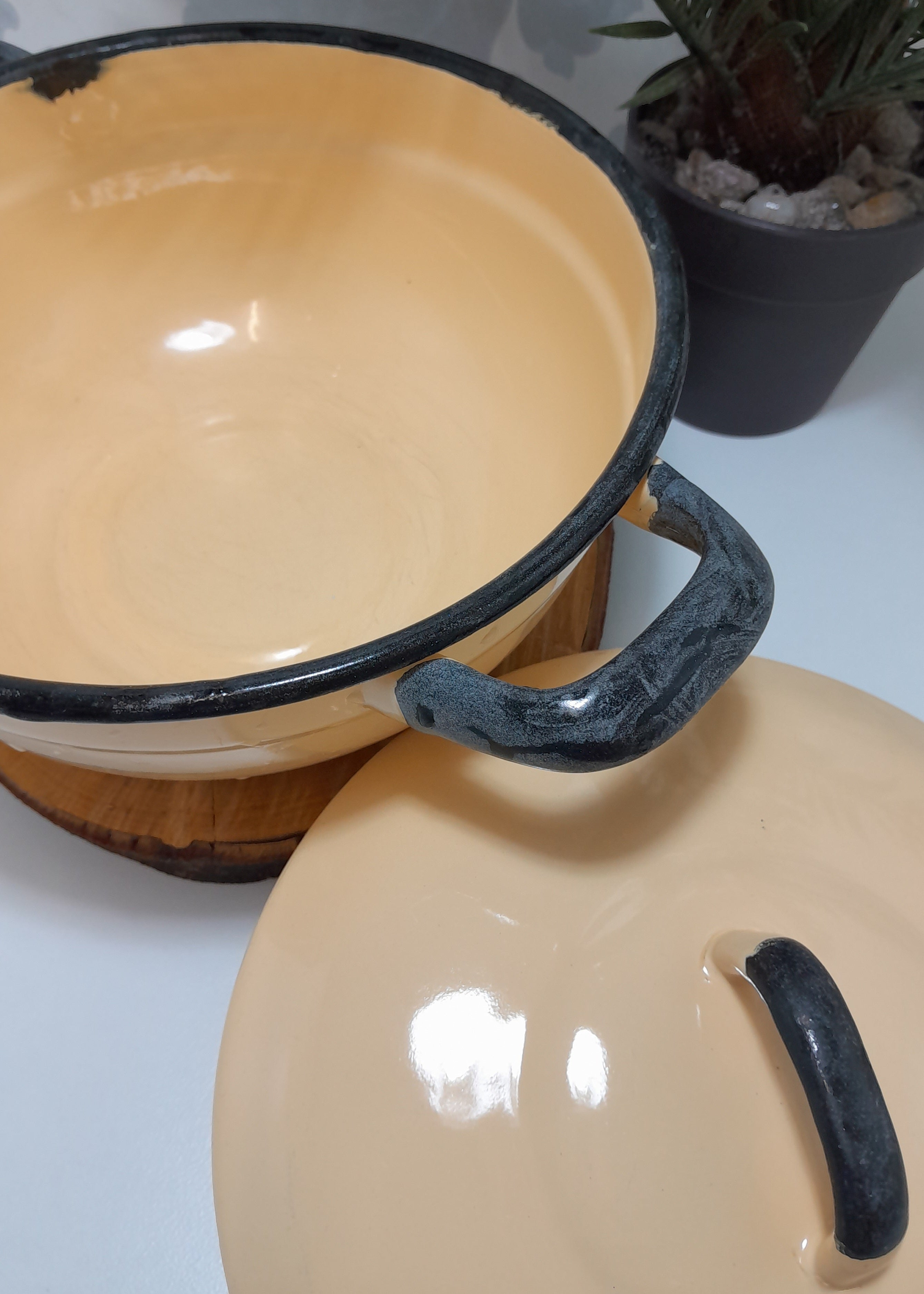 Vintage Yellow Enamel Lidded Casserole With Thick Black Rim