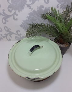 Vintage Green Enamel Lidded Casserole With Thick Black Rim