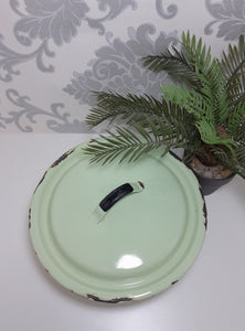 Vintage Green Enamel Lidded Casserole With Thick Black Rim
