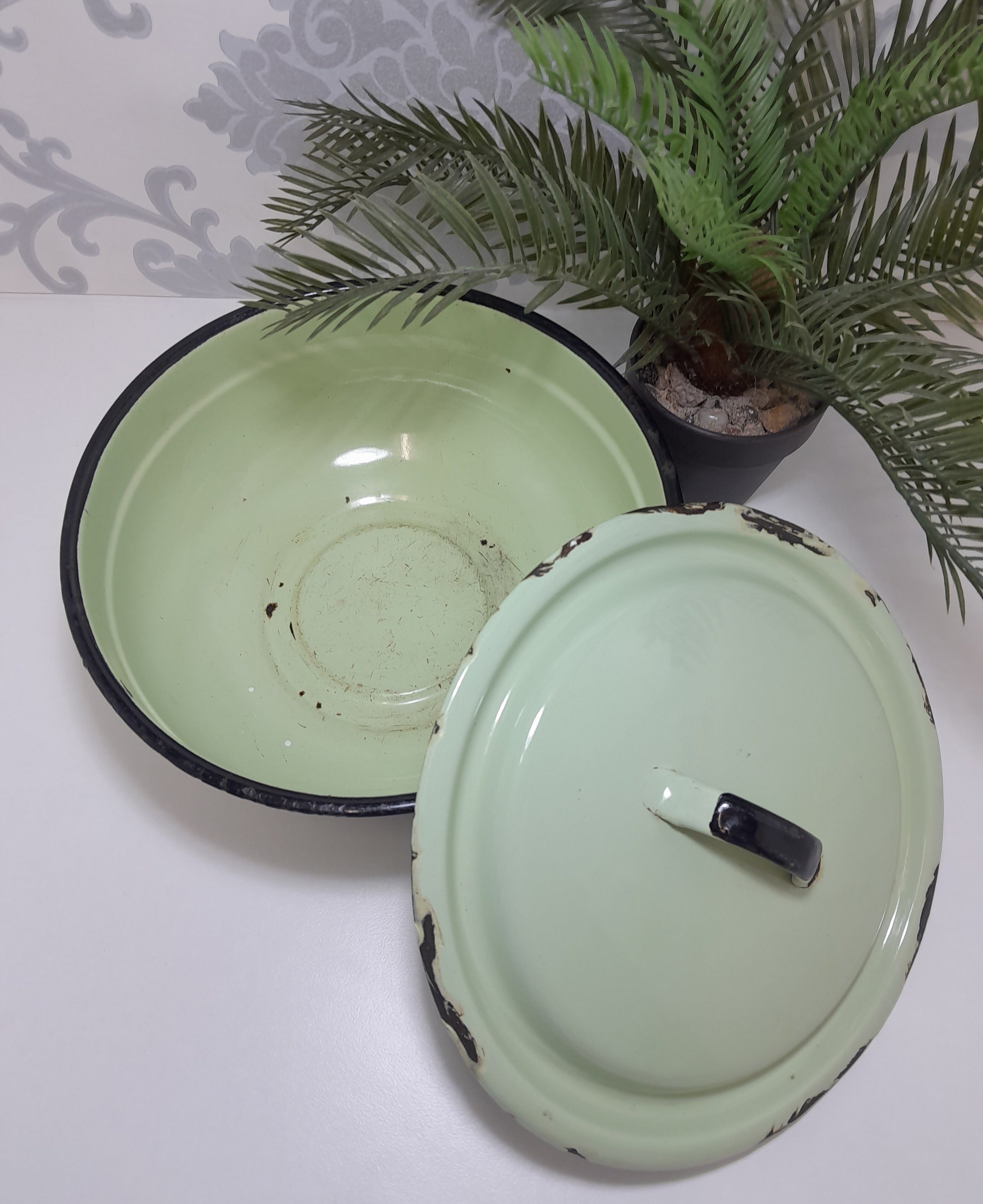 Vintage Green Enamel Lidded Casserole With Thick Black Rim