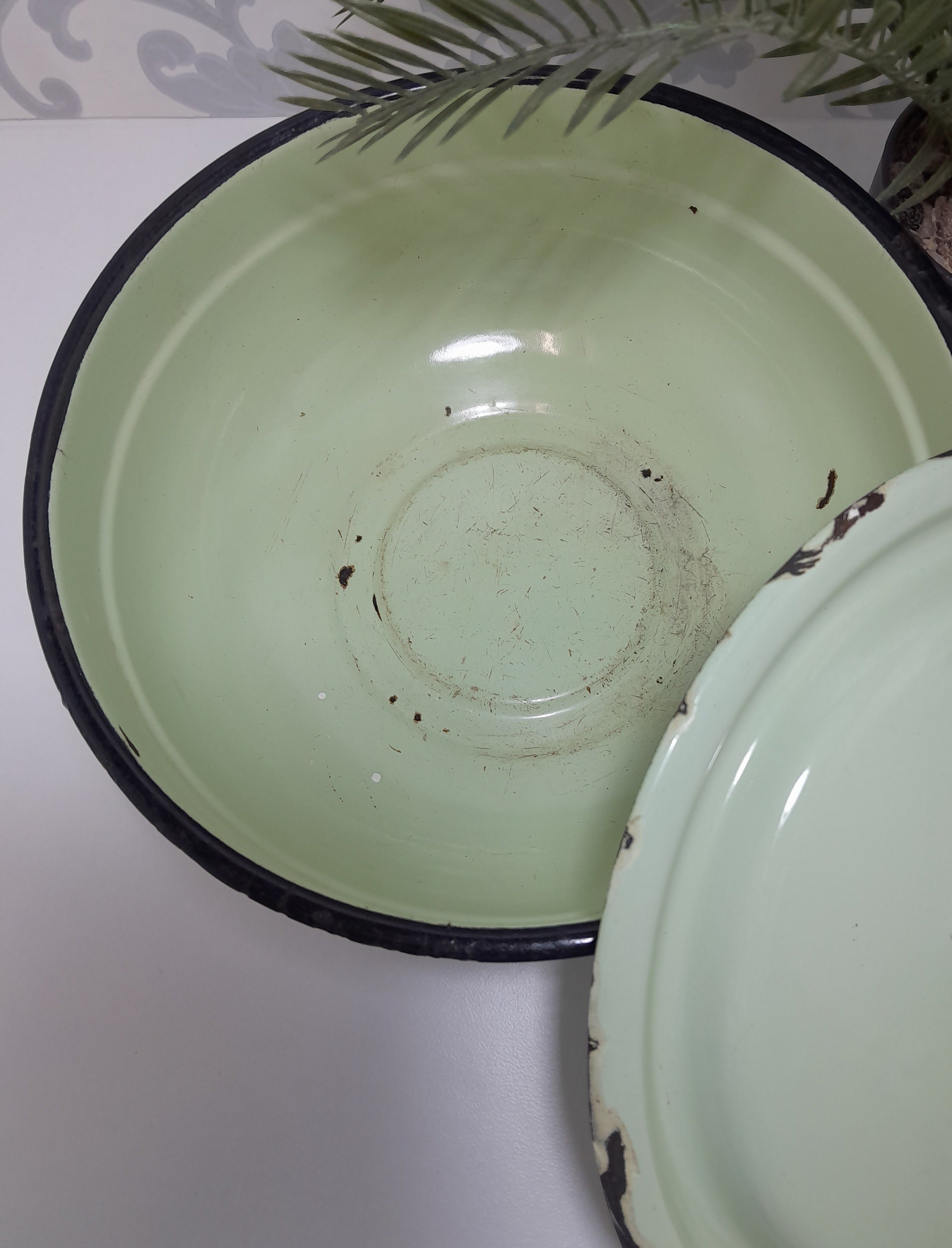 Vintage Green Enamel Lidded Casserole With Thick Black Rim