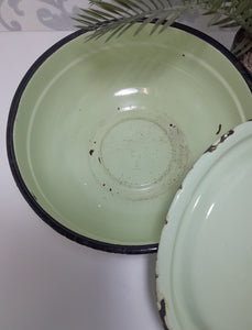 Vintage Green Enamel Lidded Casserole With Thick Black Rim