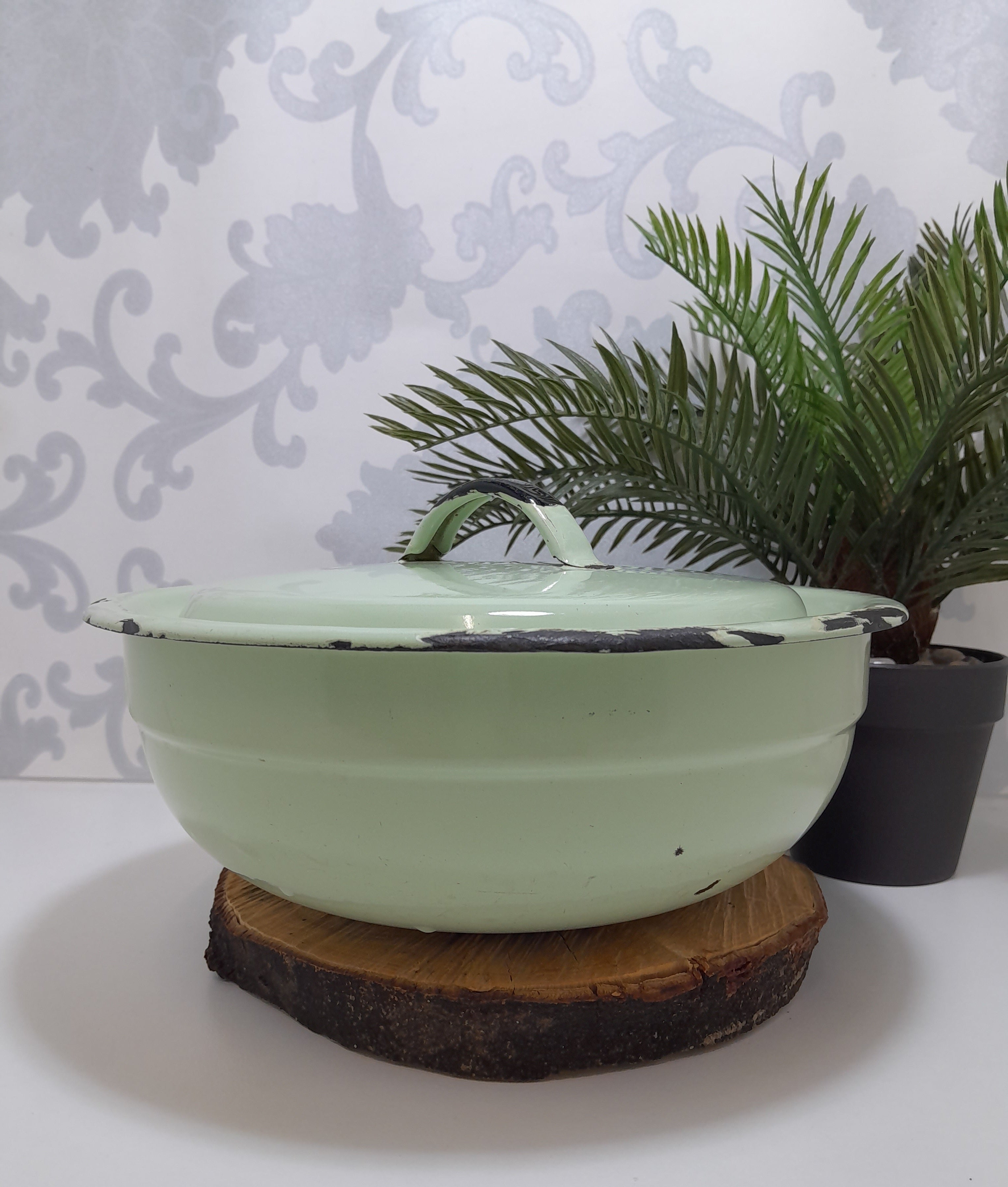 Vintage Green Enamel Lidded Casserole With Thick Black Rim