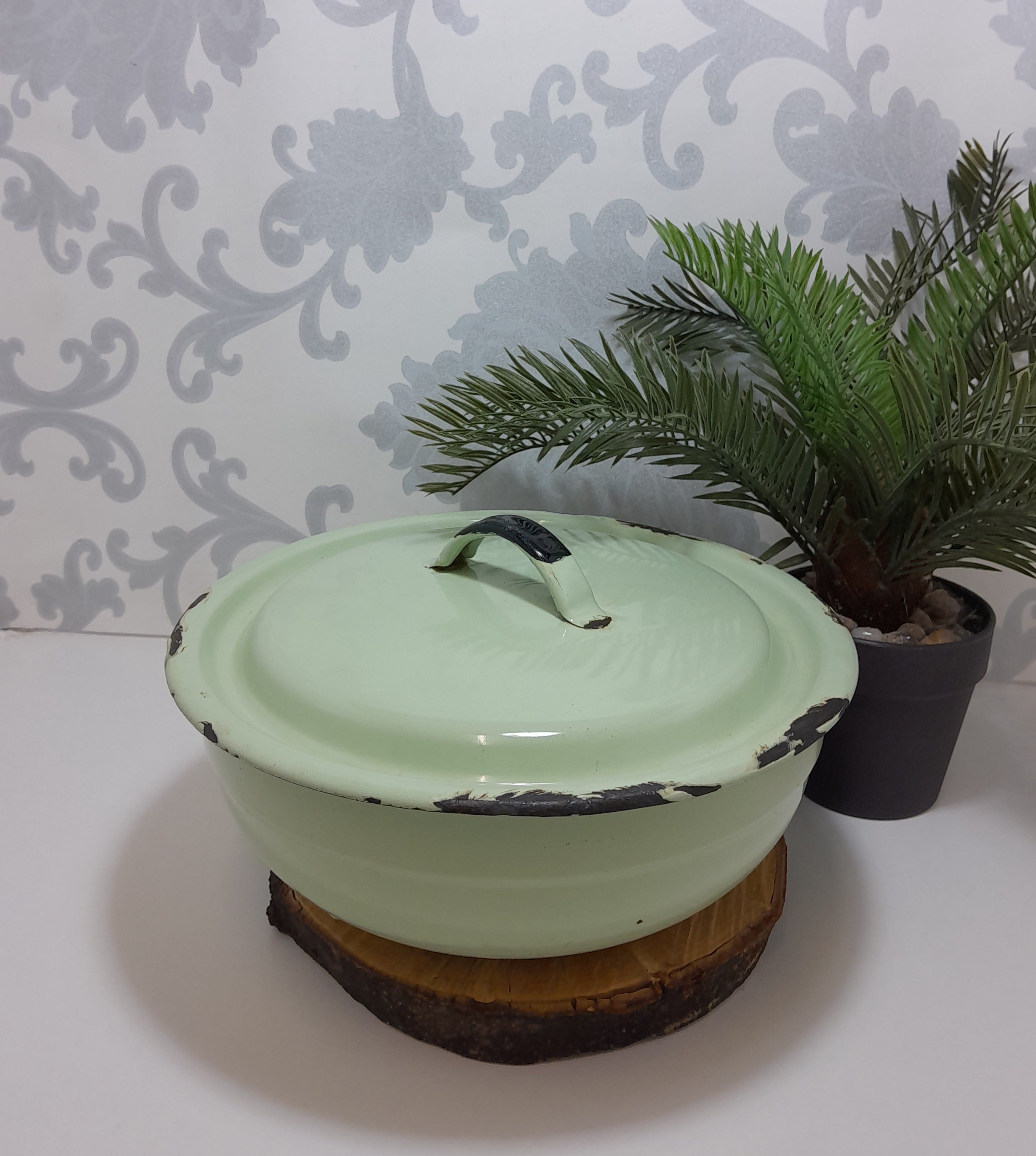 Vintage Green Enamel Lidded Casserole With Thick Black Rim