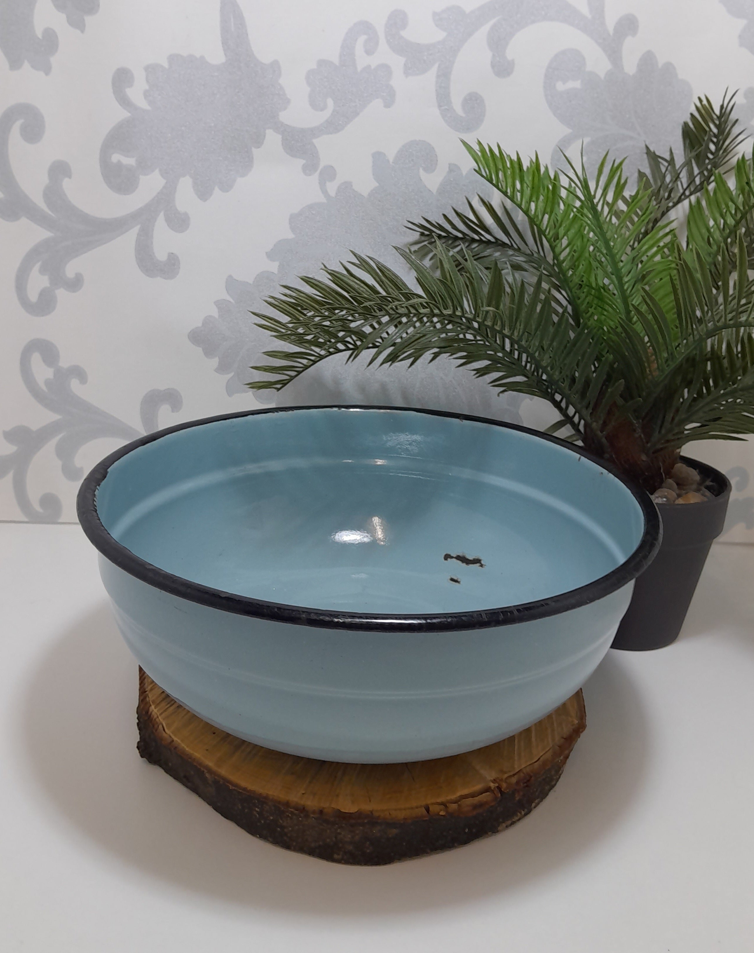 Rare Vintage Blue Enamel Bowl With Thick Black Rim