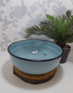 Rare Vintage Blue Enamel Bowl With Thick Black Rim