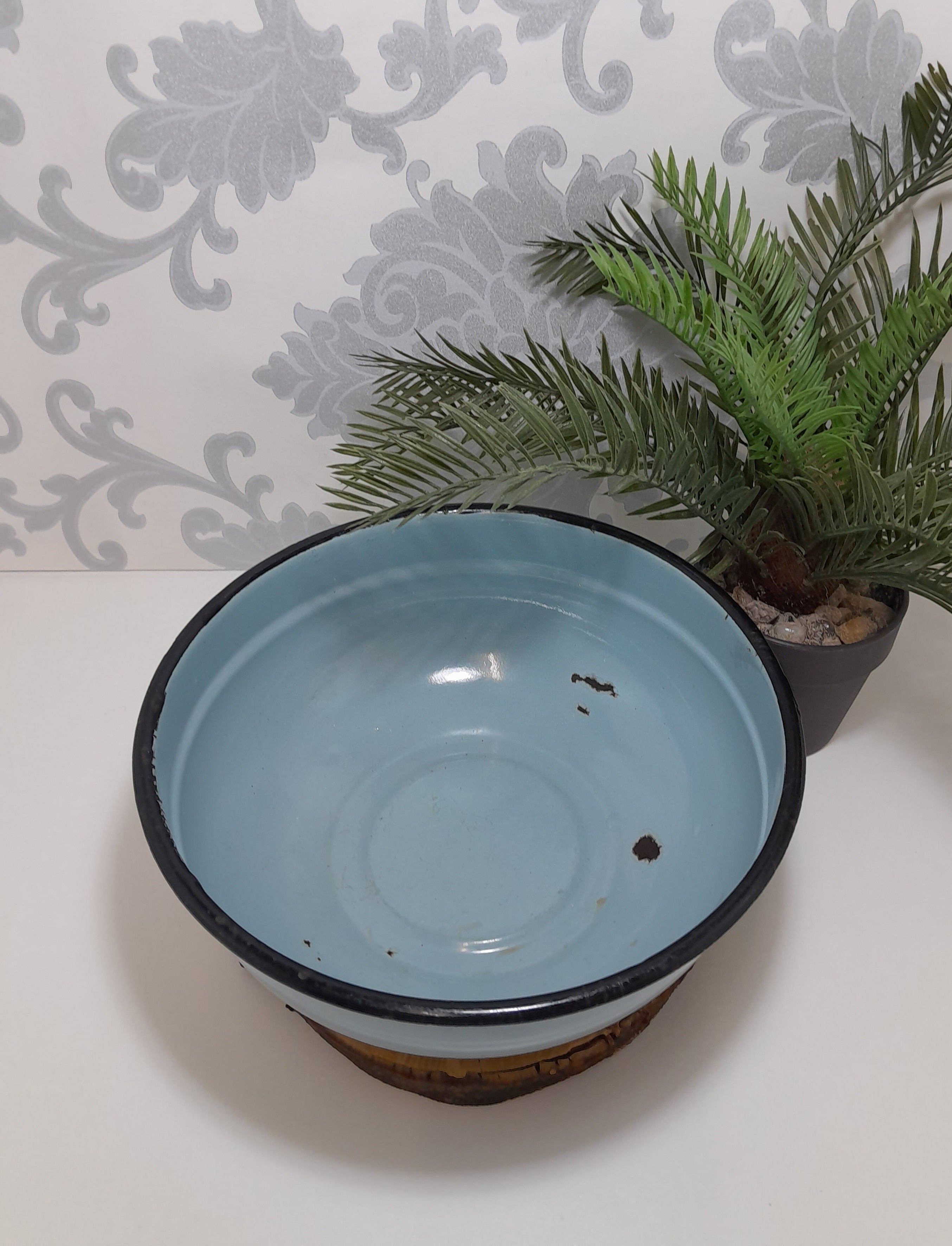 Rare Vintage Blue Enamel Bowl With Thick Black Rim