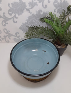 Rare Vintage Blue Enamel Bowl With Thick Black Rim