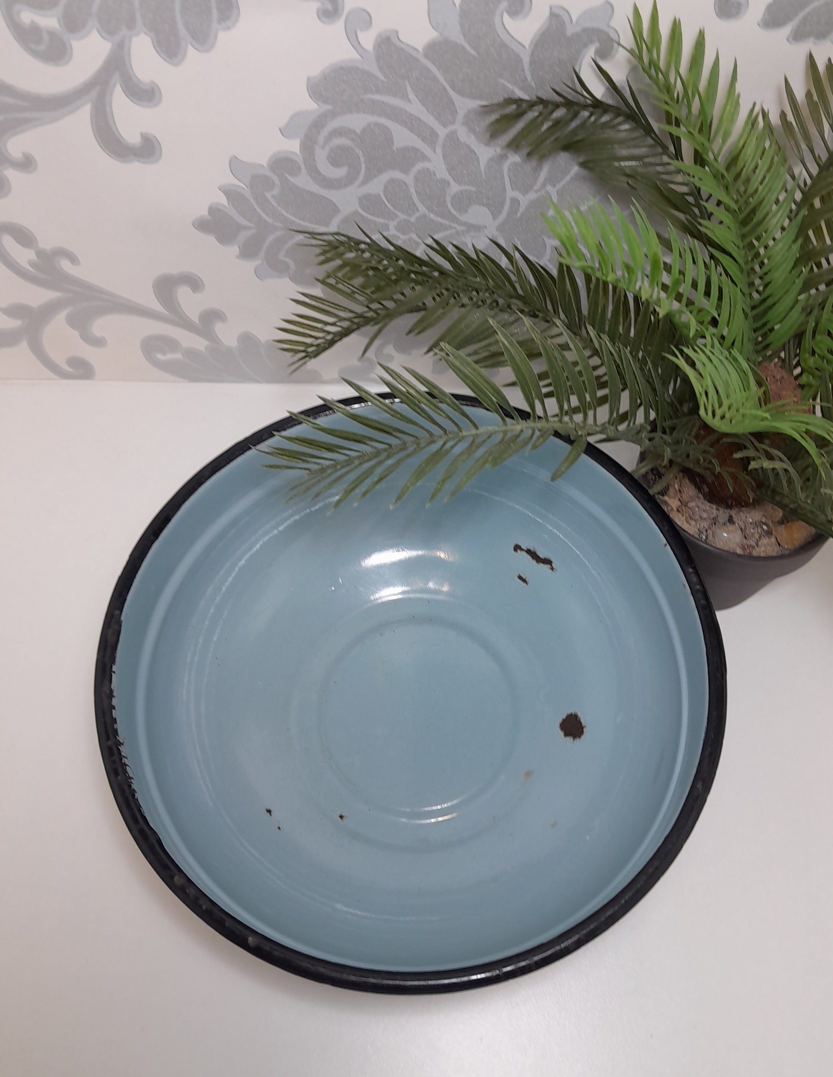 Rare Vintage Blue Enamel Bowl With Thick Black Rim