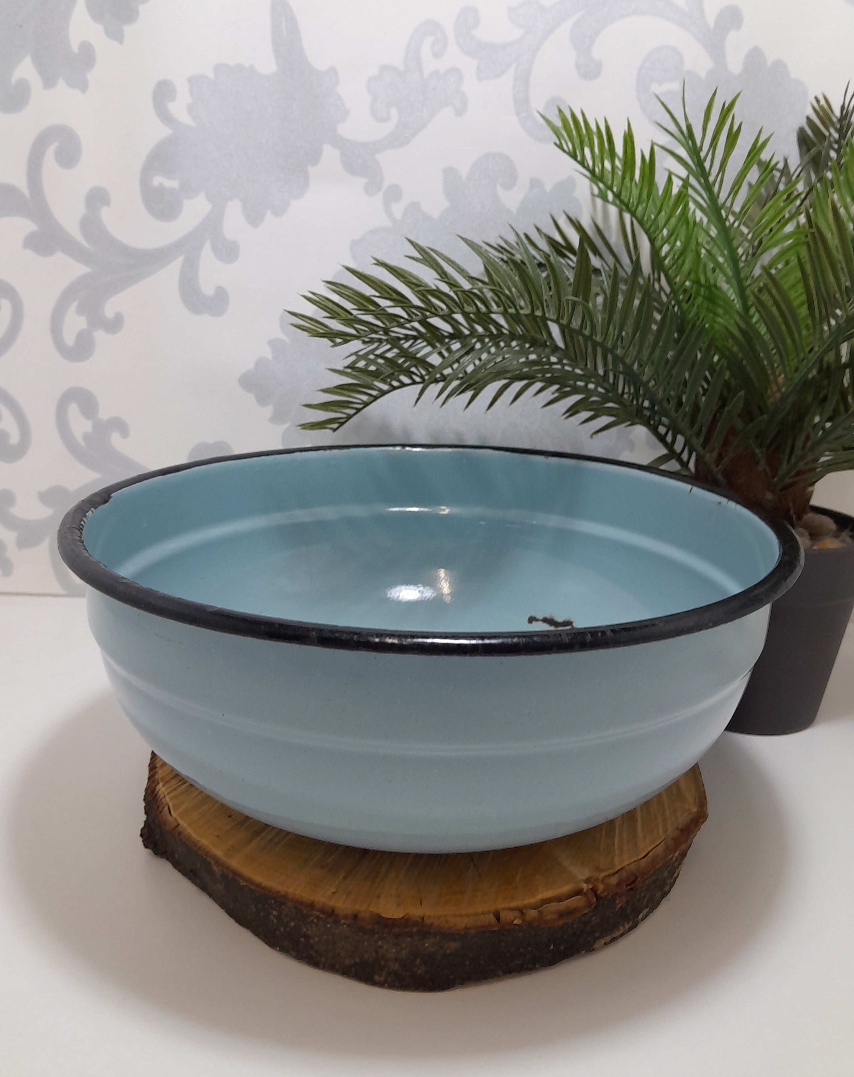 Rare Vintage Blue Enamel Bowl With Thick Black Rim