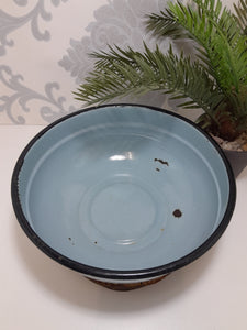 Rare Vintage Blue Enamel Bowl With Thick Black Rim