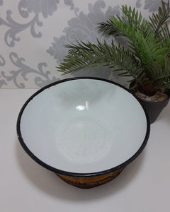 Vintage White Enamel Bowl With Thick Black Rim