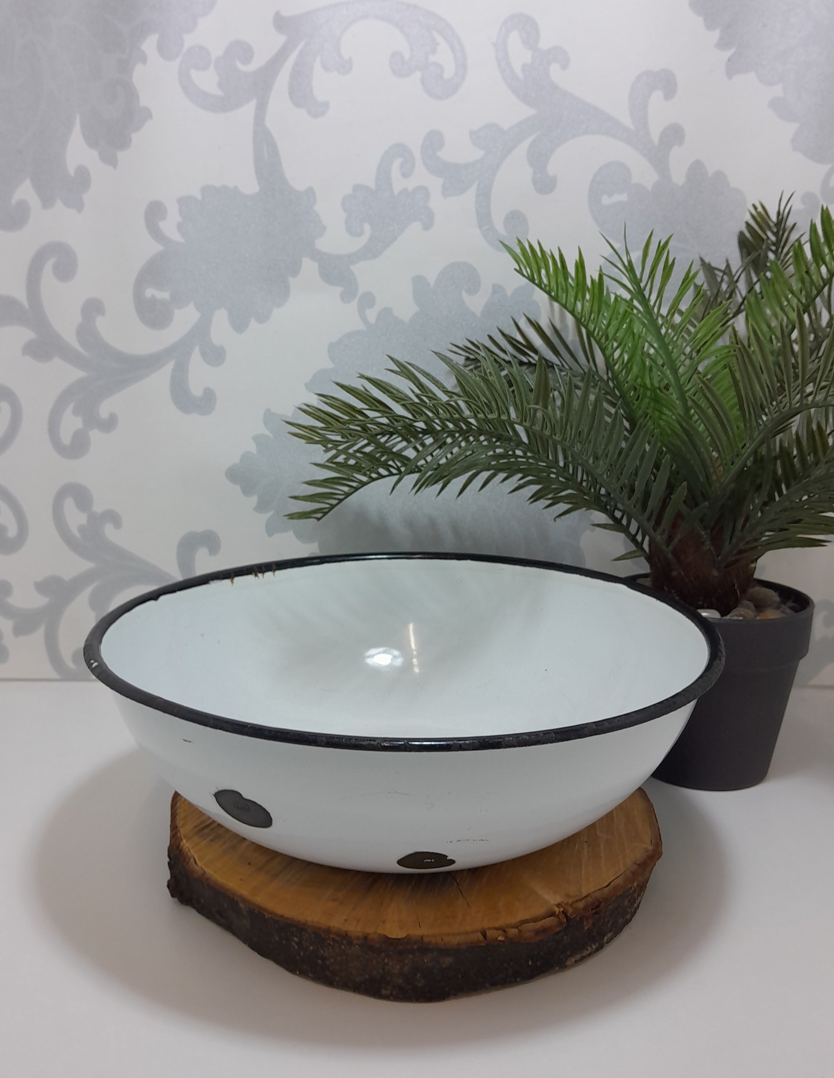 Vintage White Enamel Bowl With Thick Black Rim