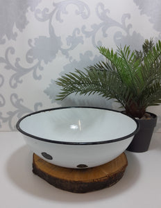 Vintage White Enamel Bowl With Thick Black Rim