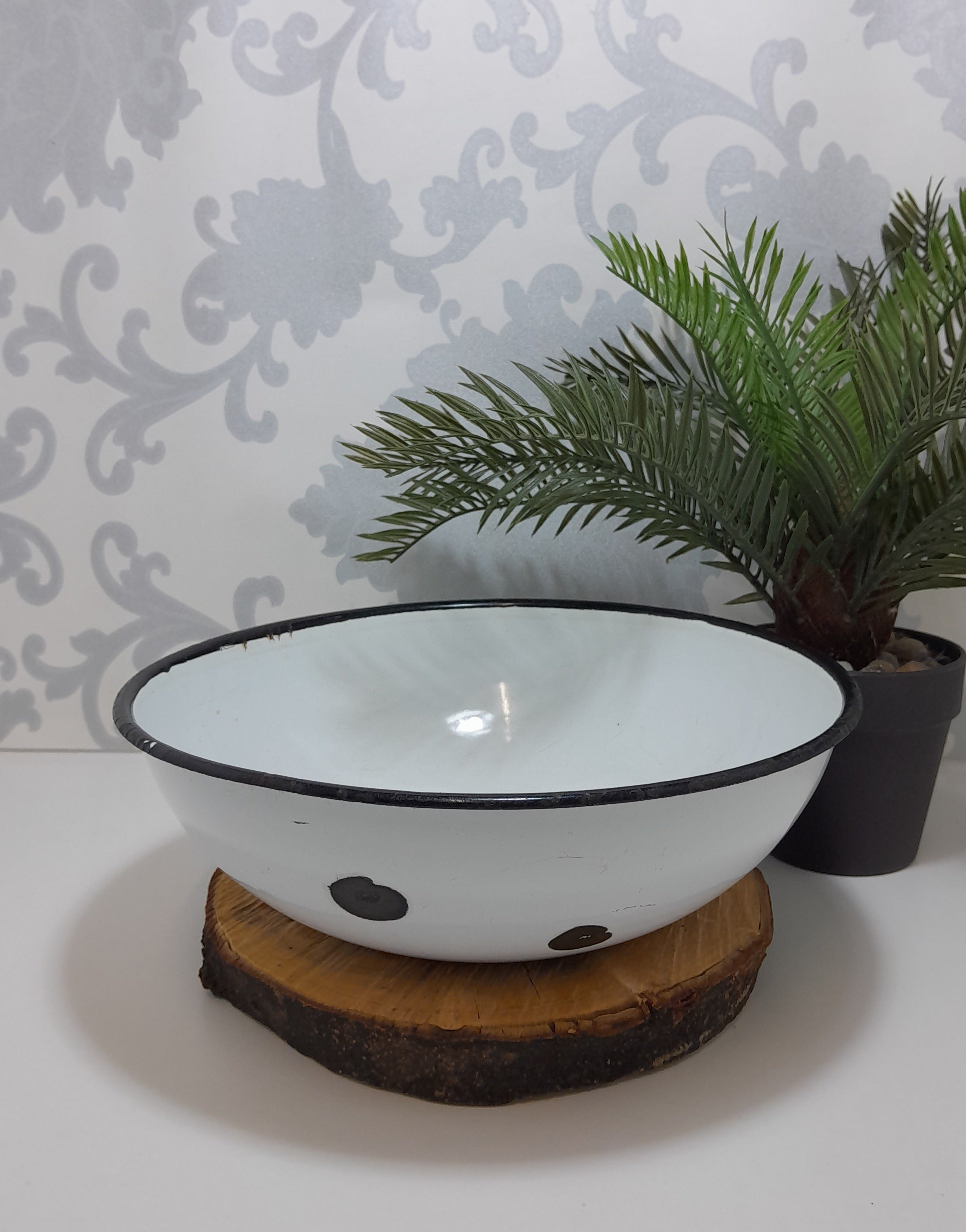 Vintage White Enamel Bowl With Thick Black Rim