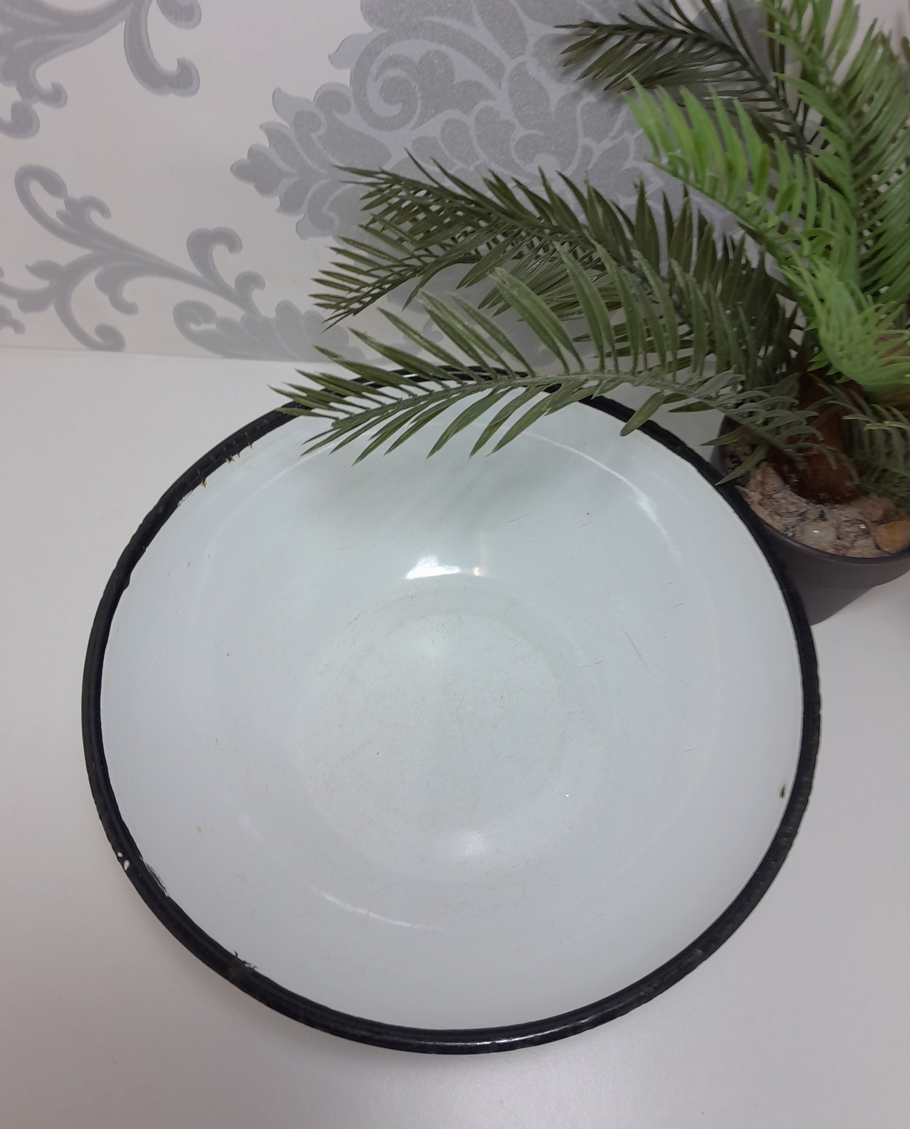 Vintage White Enamel Bowl With Thick Black Rim