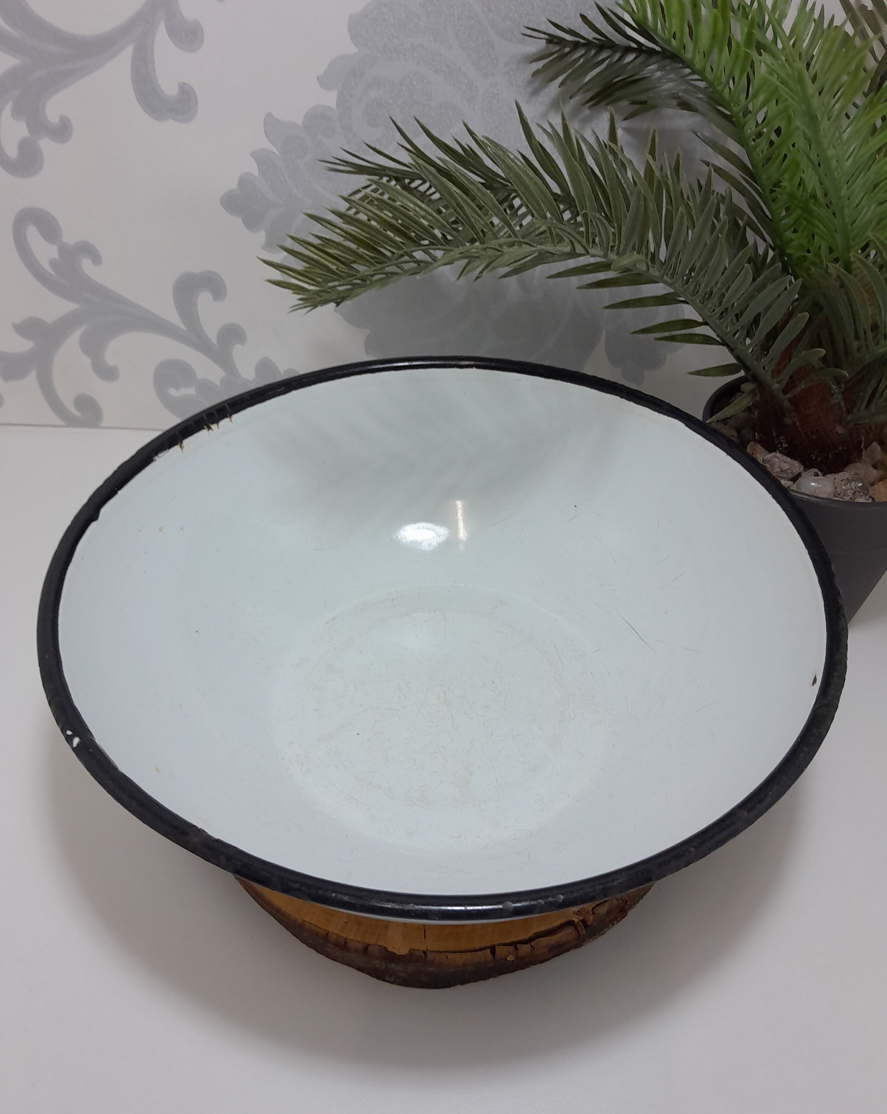 Vintage White Enamel Bowl With Thick Black Rim