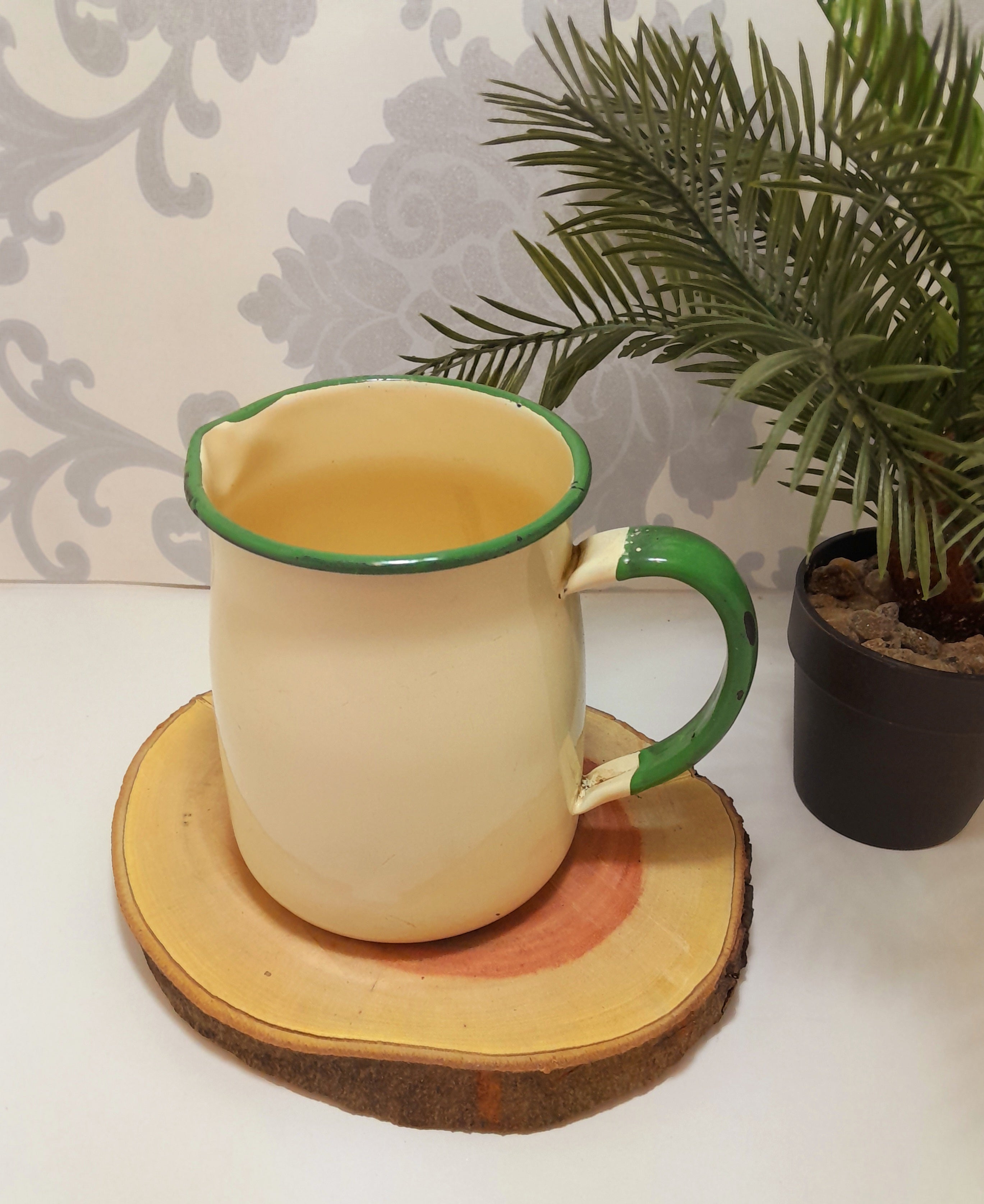 Classic Vintage Cream & Green Enamel Jug