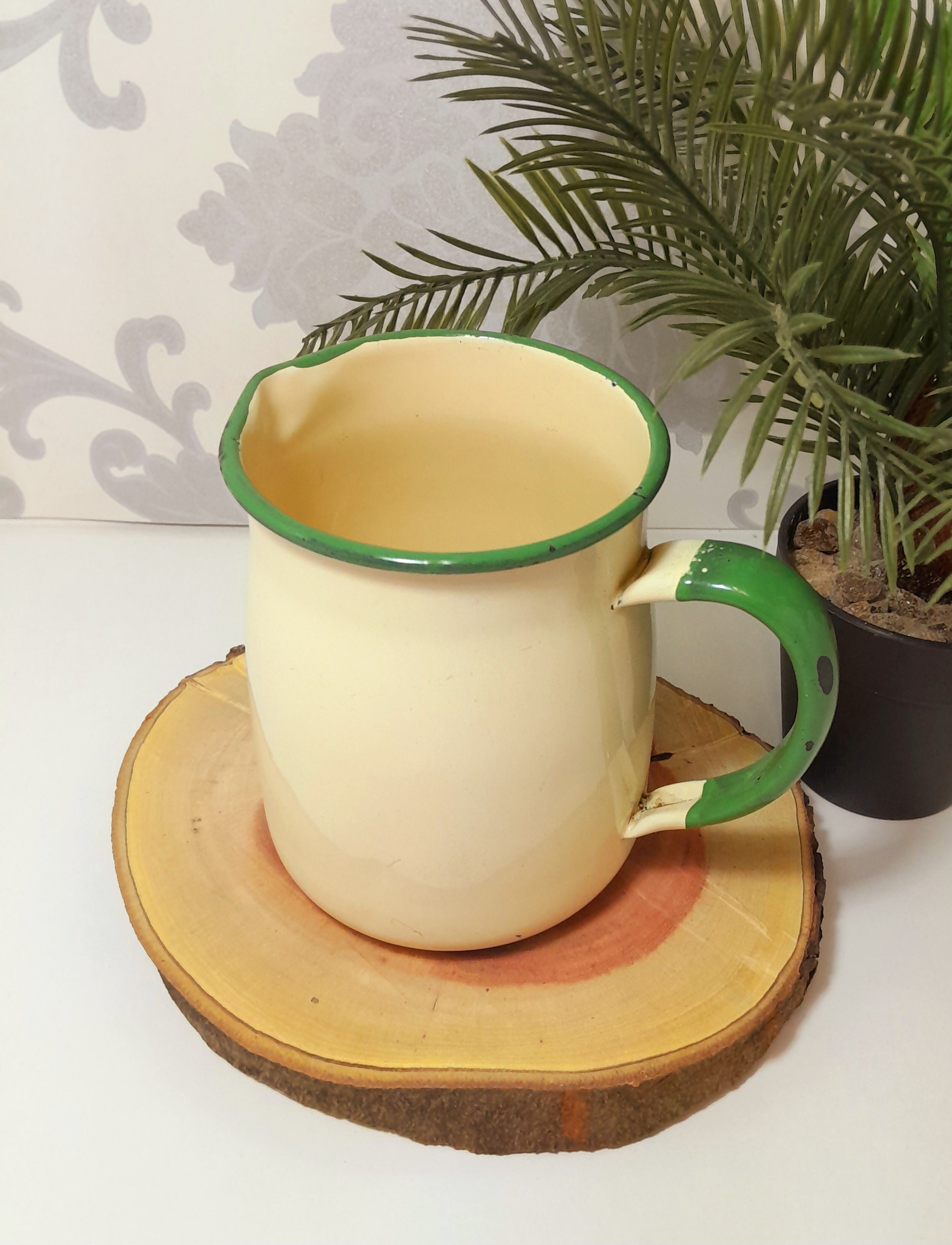 Classic Vintage Cream & Green Enamel Jug