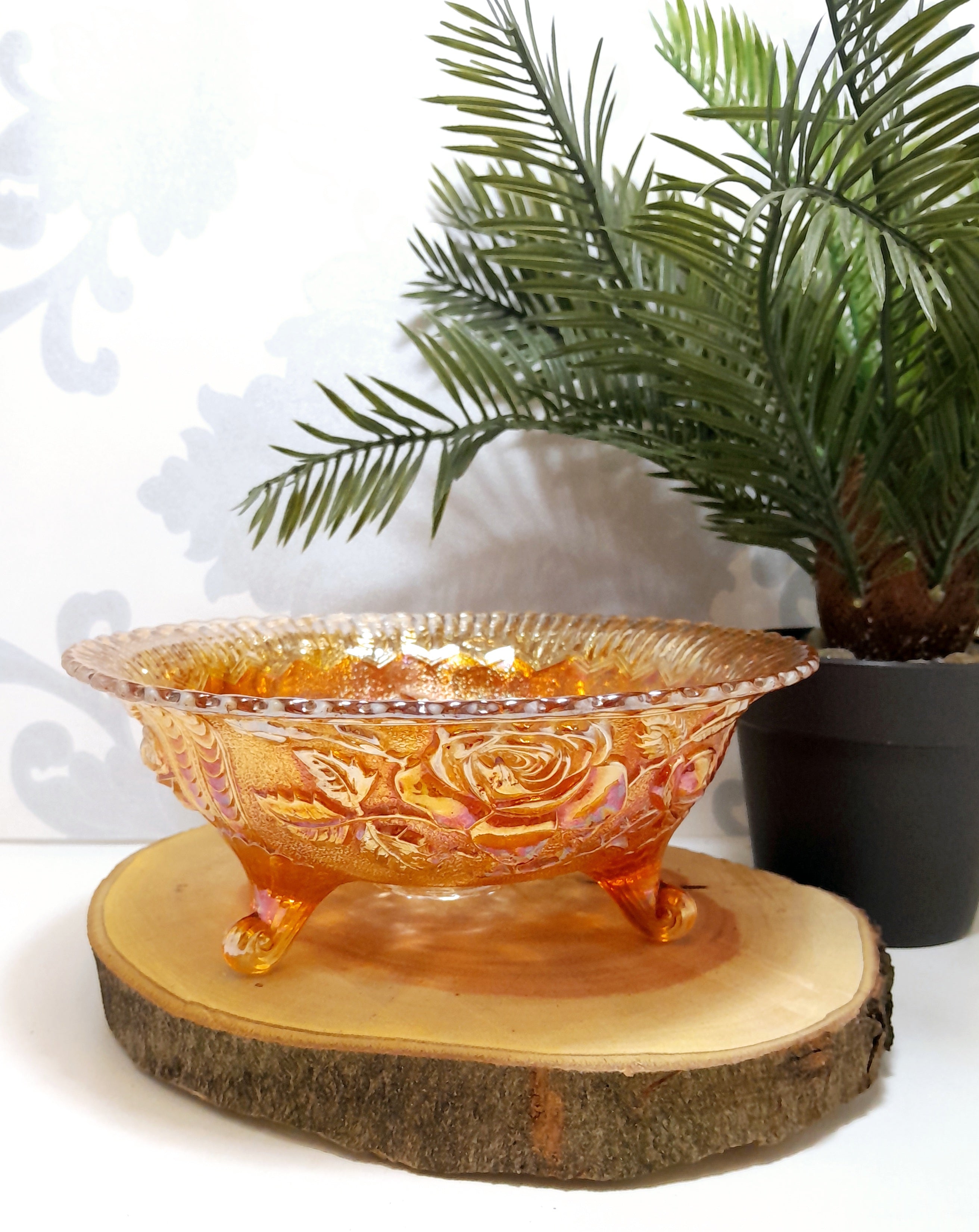 Vintage Salmon Coloured Carnival Glass Candy Bowl On Three Feet