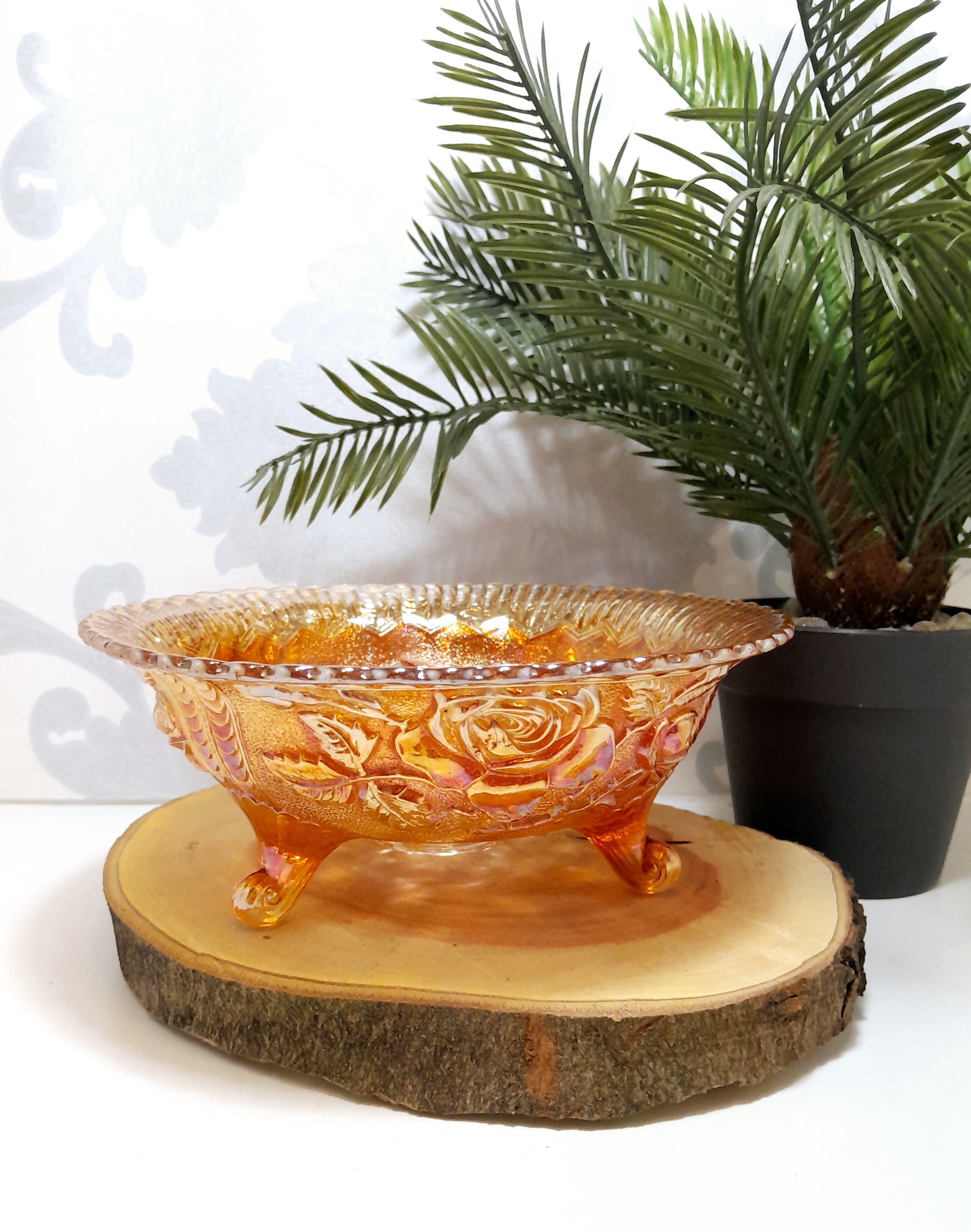 Vintage Salmon Coloured Carnival Glass Candy Bowl On Three Feet