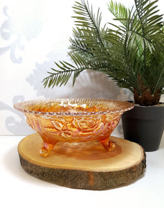 Vintage Salmon Coloured Carnival Glass Candy Bowl On Three Feet