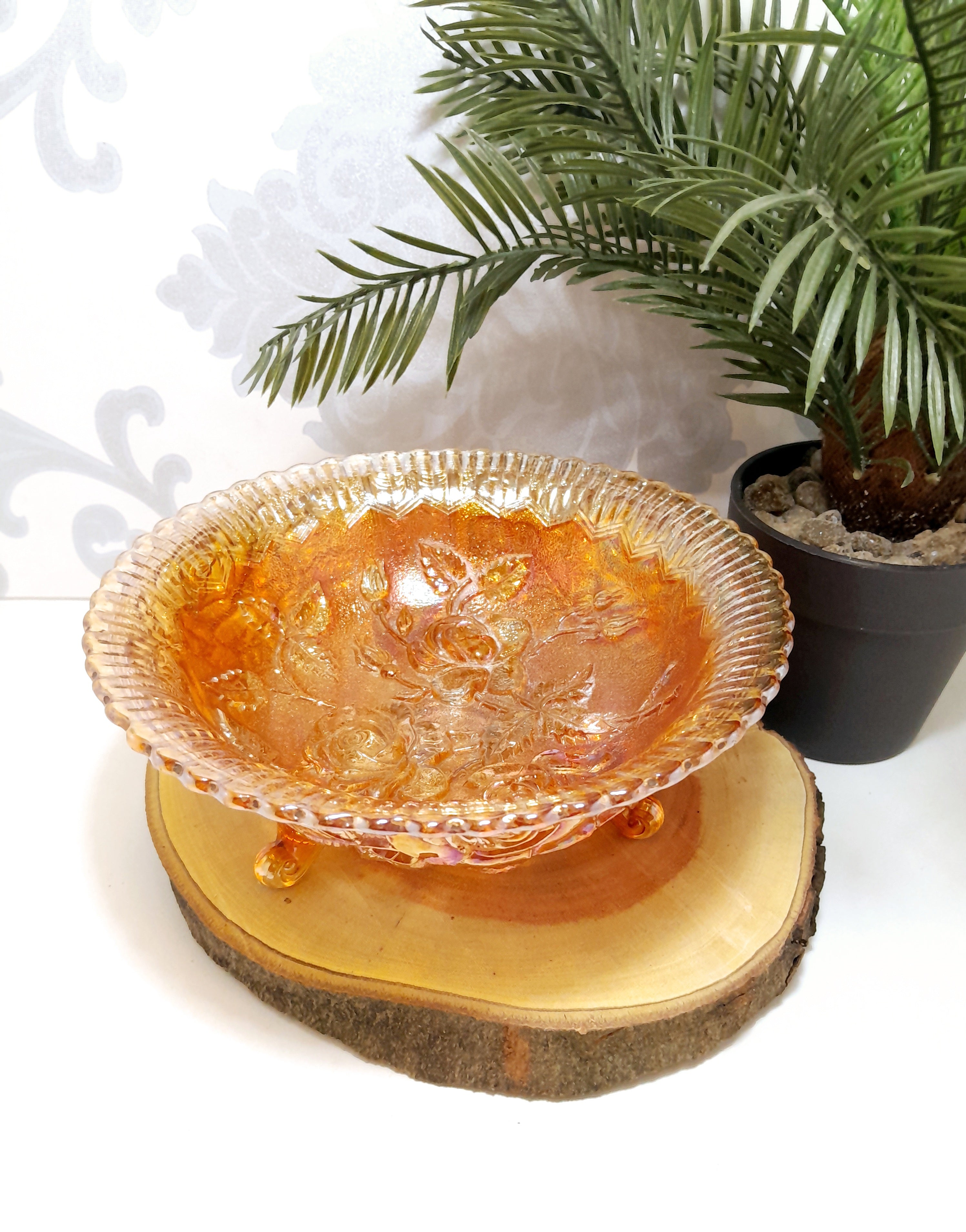 Vintage Salmon Coloured Carnival Glass Candy Bowl On Three Feet