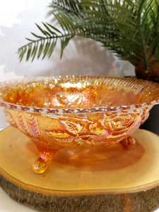 Vintage Salmon Coloured Carnival Glass Candy Bowl On Three Feet