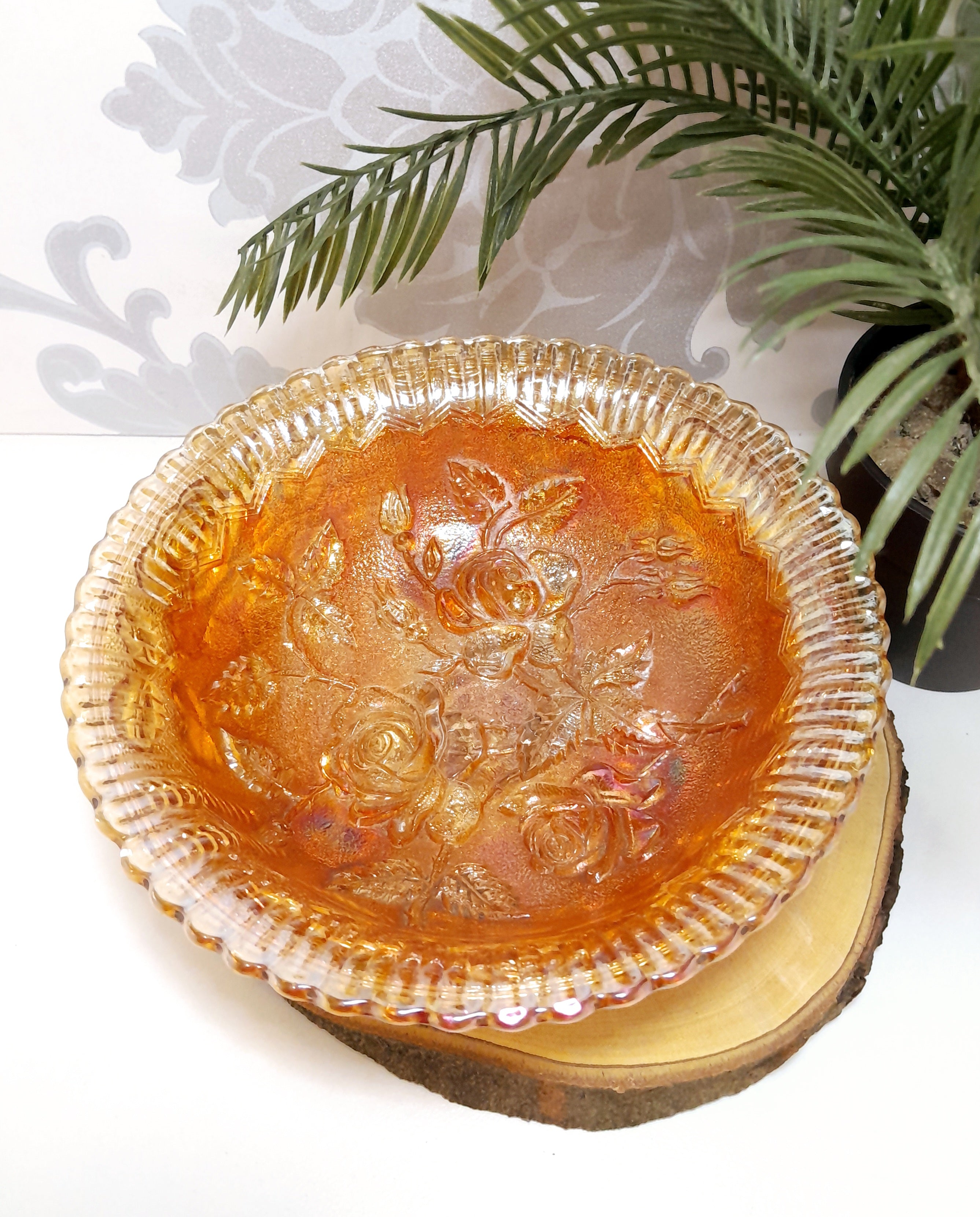 Vintage Salmon Coloured Carnival Glass Candy Bowl On Three Feet